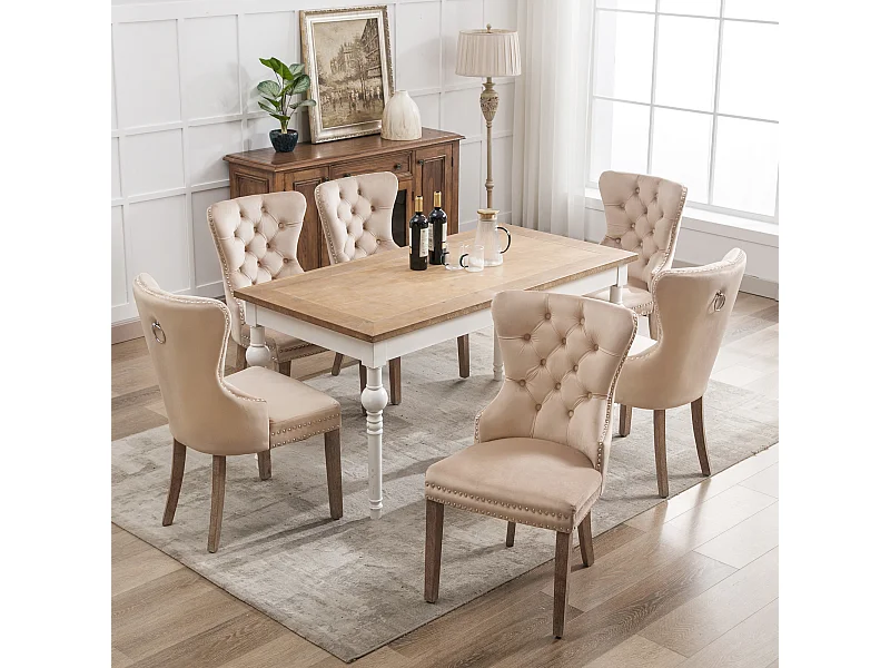 6er-Set Esszimmerstühle – Wohnzimmerstühle mit Rückenlehne – Sitz aus Samt und Beine aus Massivholz – Beige
