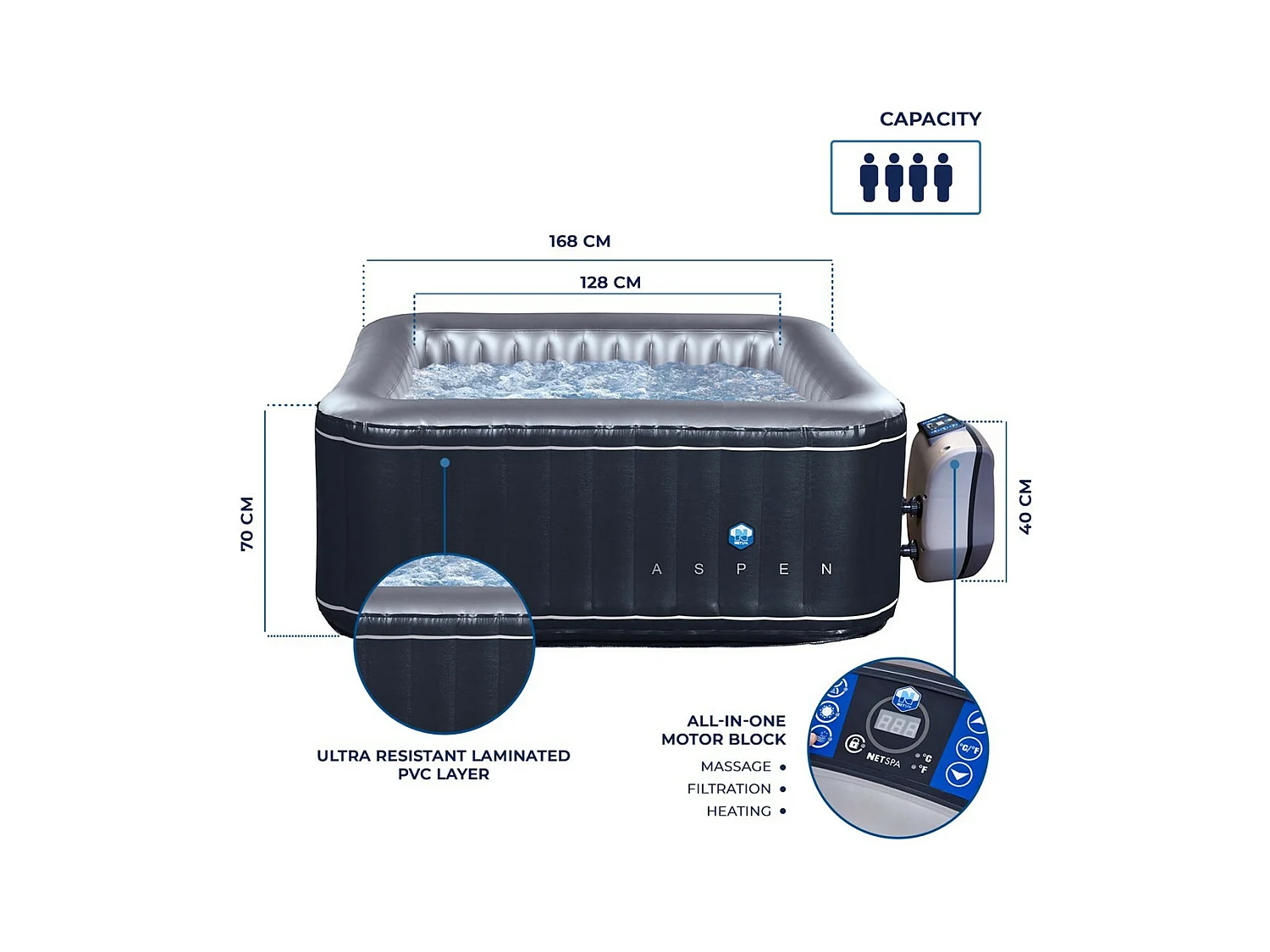 Pack Spa gonflable Netspa carré Aspen 168x168x70cm - Triple fonction : Chauffage, Filtration, Massage -  Vol 700L
