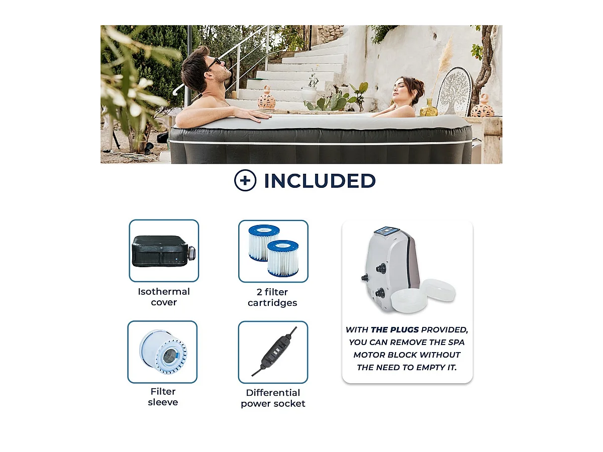 Pack Spa gonflable Netspa carré Aspen 168x168x70cm - Triple fonction : Chauffage, Filtration, Massage -  Vol 700L