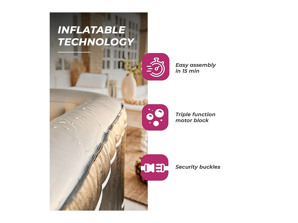 Pack Spa gonflable Netspa carré Aspen 168x168x70cm - Triple fonction : Chauffage, Filtration, Massage -  Vol 700L