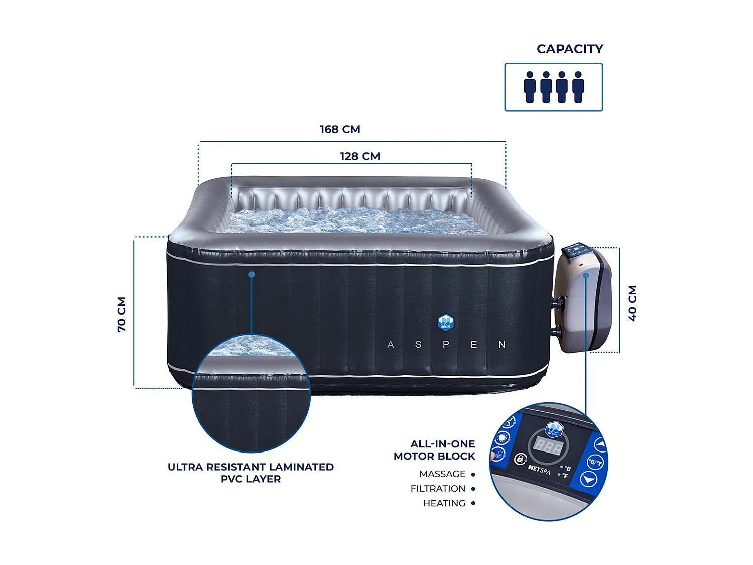 Pack Spa gonflable Netspa carré Aspen 168x168x70cm - Triple fonction : Chauffage, Filtration, Massage -  Vol 700L