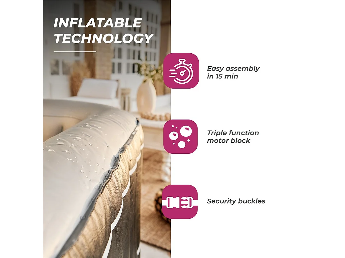 Pack Spa gonflable Netspa carré Aspen 168x168x70cm - Triple fonction : Chauffage, Filtration, Massage -  Vol 700L