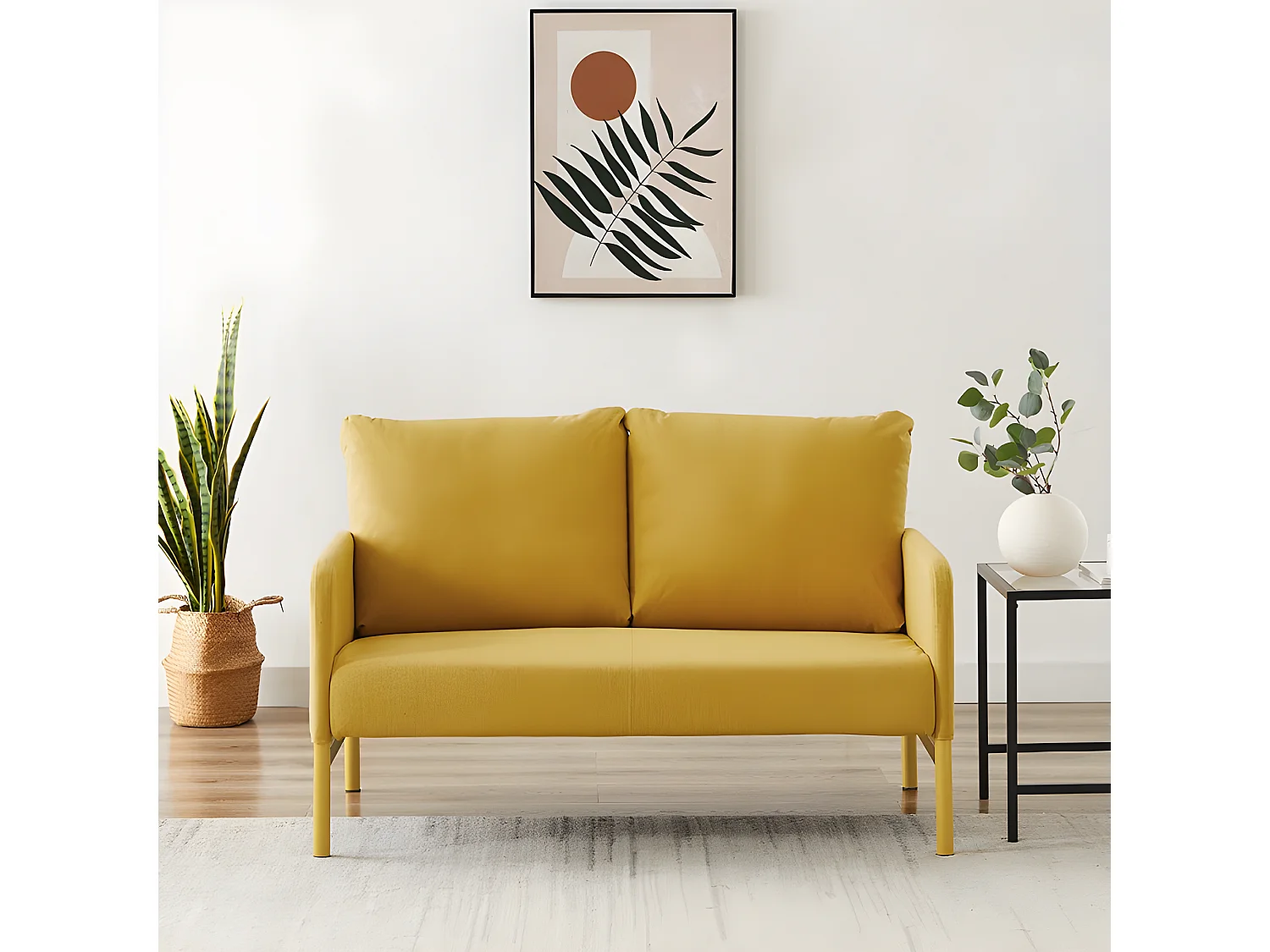 Canapé droit fixe tissu jaune moutarde 2 places