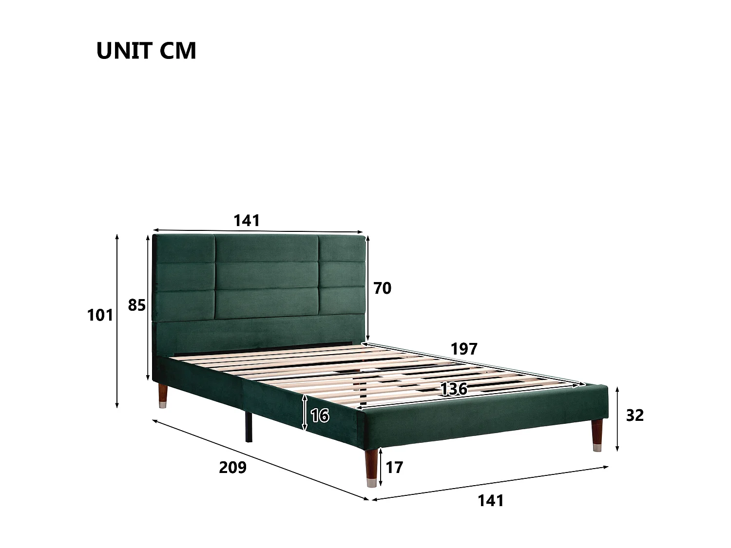 Bed met hoofdeinde - 140 x 200 cm - fluweel - groen + matras