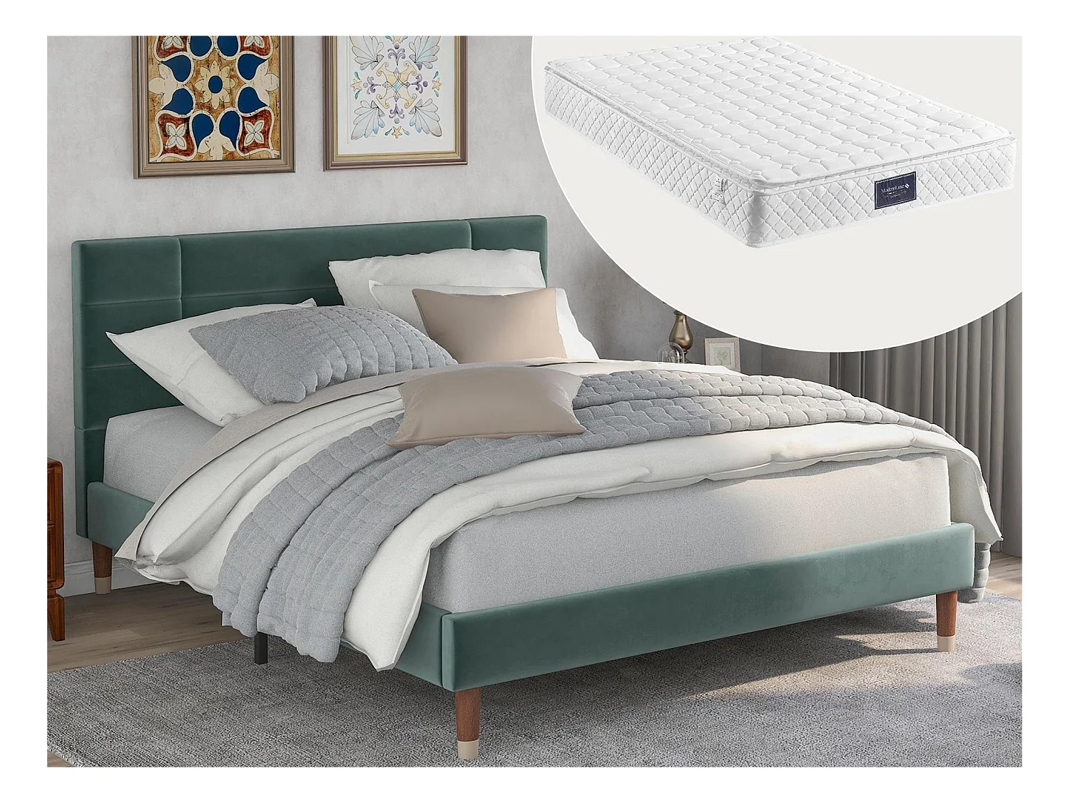 Lit avec tête de lit - 140 x 200 cm - velours - vert + matelas