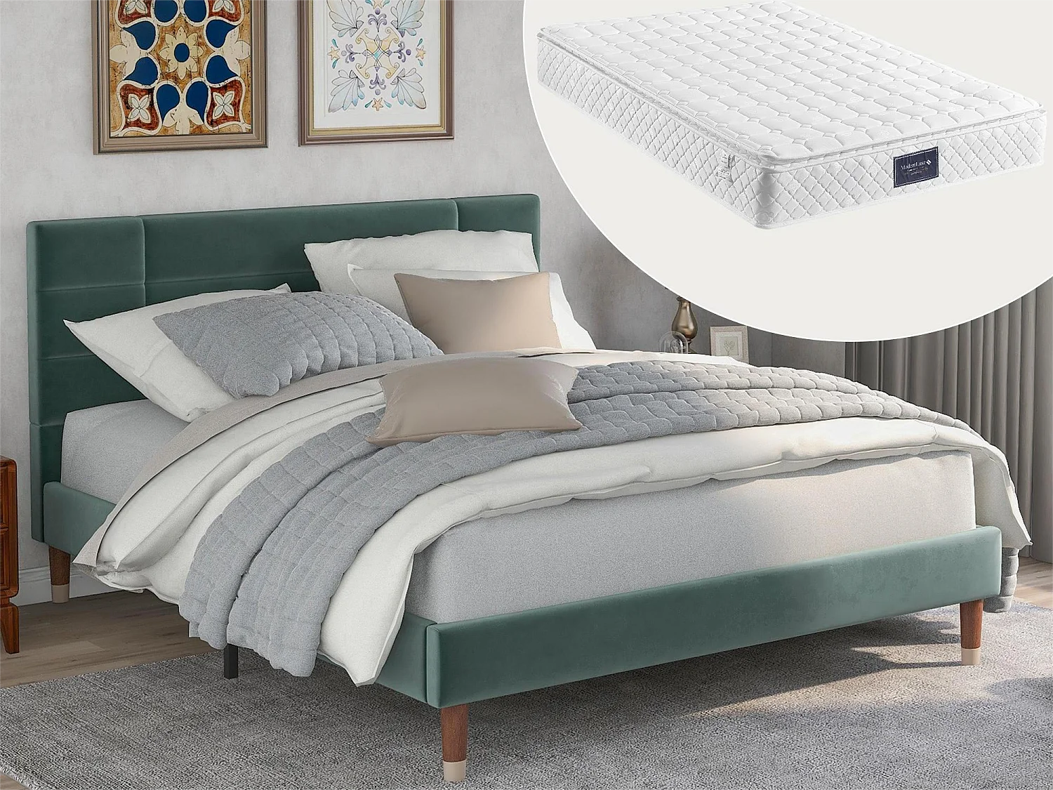 Cama com cabeceira - 140 x 200 cm - veludo - verde + colchão