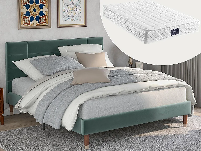 Bett mit Kopfteil – 140 x 200 cm – Samt – grün + Matratze