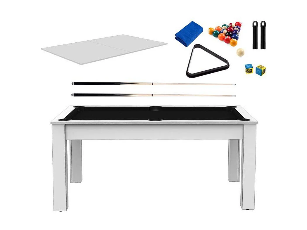 Billard convertible table 6 personnes Texas + plateaux dinatoires + pack accessoires Confort Blanc laqué et noir (tapis)