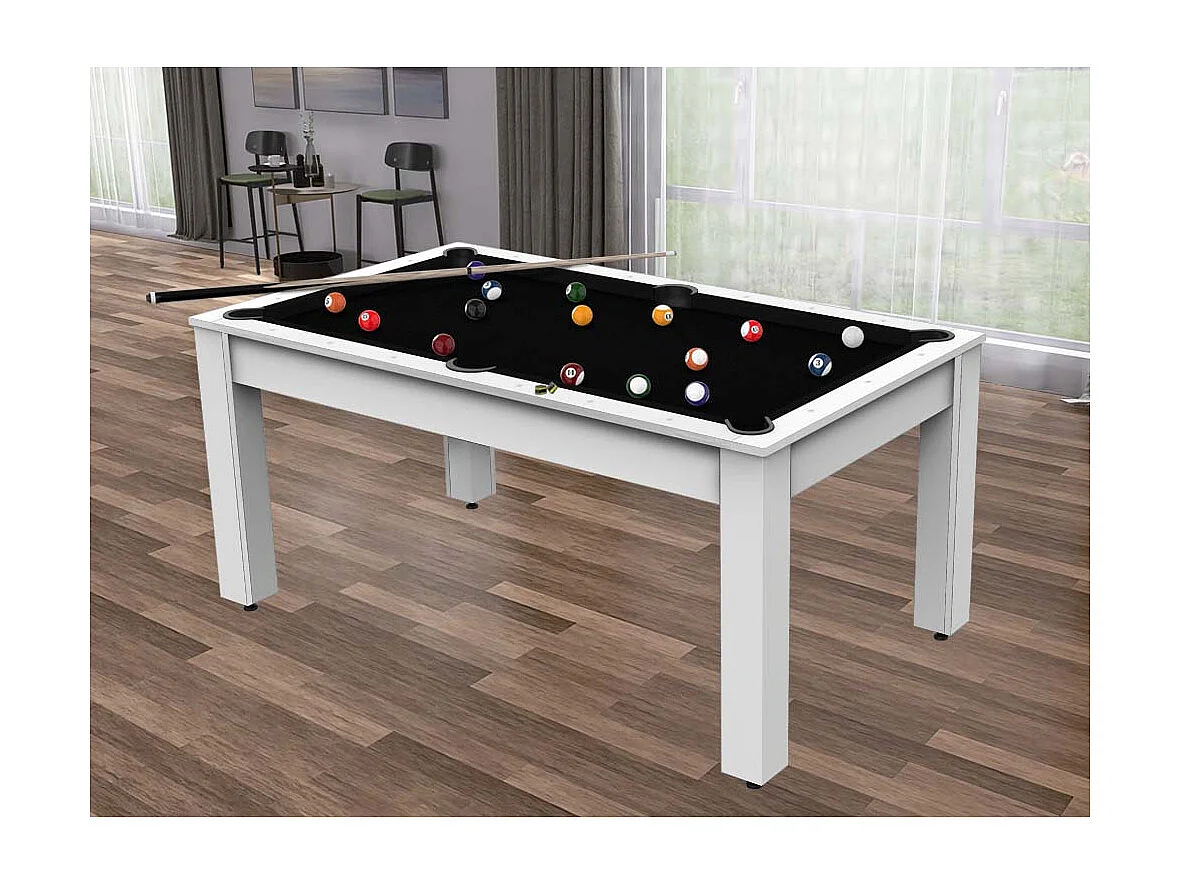 Billard convertible table 6 personnes Texas + plateaux dinatoires + pack accessoires Confort Blanc laqué et noir (tapis)