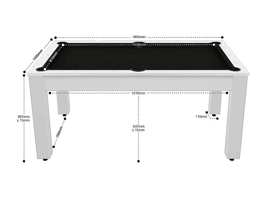 Billard convertible table 6 personnes Texas + plateaux dinatoires + pack accessoires Confort Blanc laqué et noir (tapis)