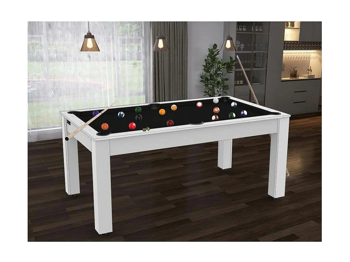 Billard convertible table 6 personnes Texas + plateaux dinatoires + pack accessoires Confort Blanc laqué et noir (tapis)