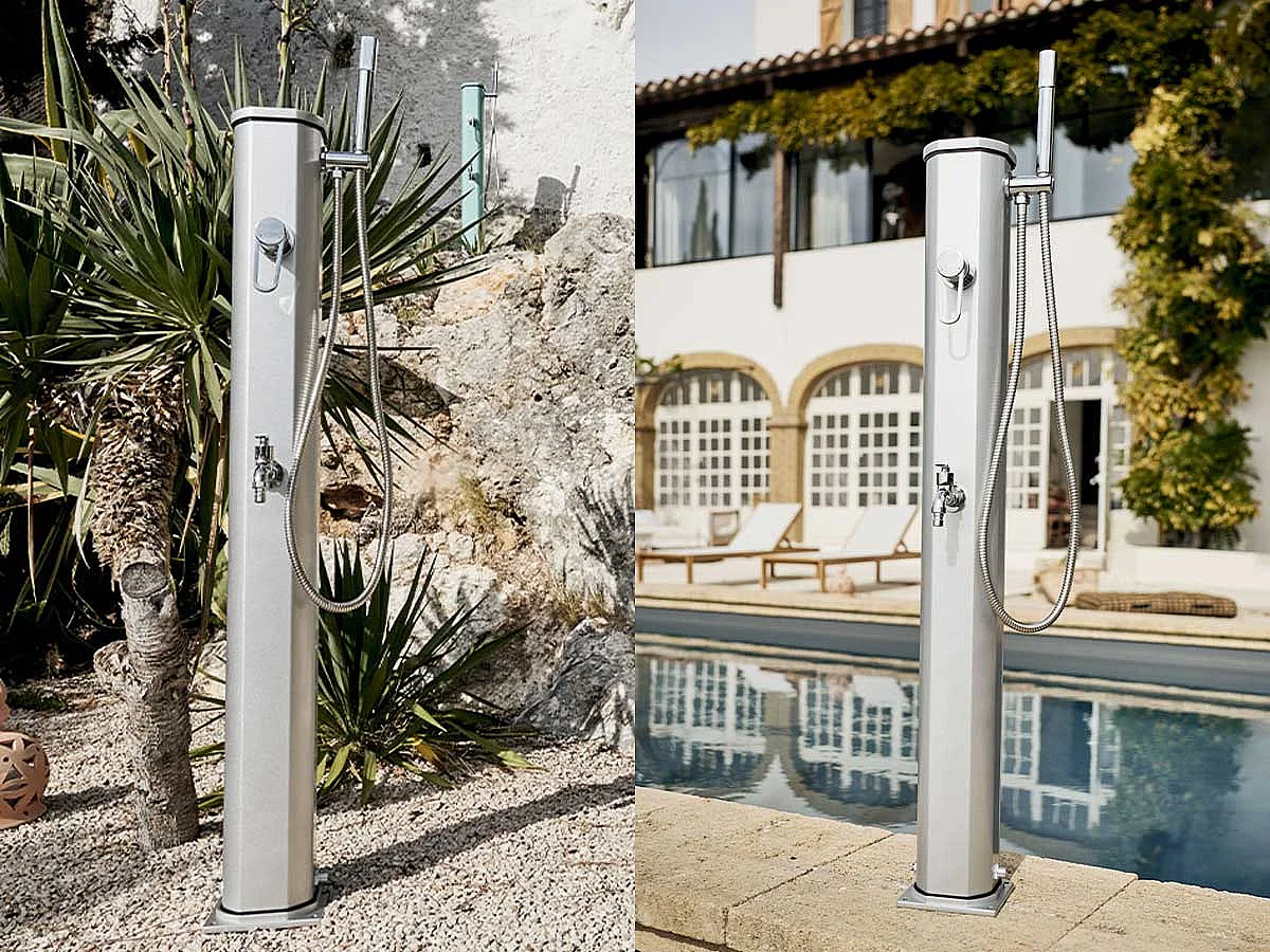 Jolly Go Formidra 20L 24x26x120cm Aluminium Solar Outdoor Dusche - Herausnehmbare Handbrause, Mischbatterie und Fußspülung 24x26x120cm