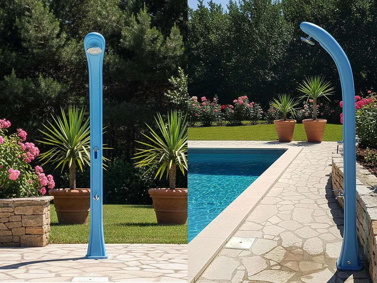 Doccia solare da esterno So Happy 28L Formidra - 216x24x26cm HDPE riciclabile - Risciacquo a pedale, soffione, miscelatore caldo/freddo -  - Blu