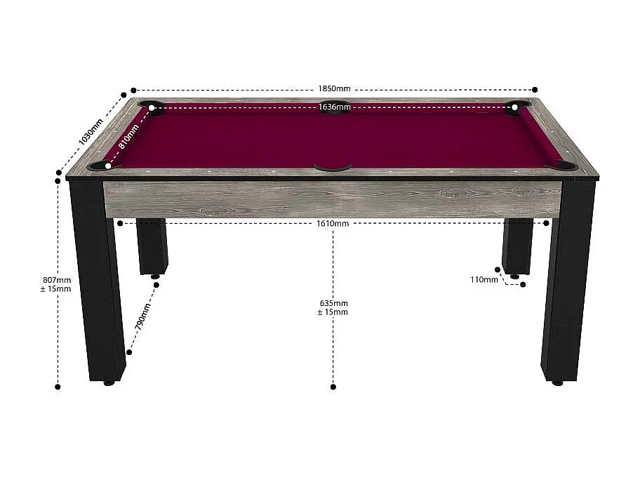 Table de Billard Convertible "Ohio" 185cm Gris & Prune