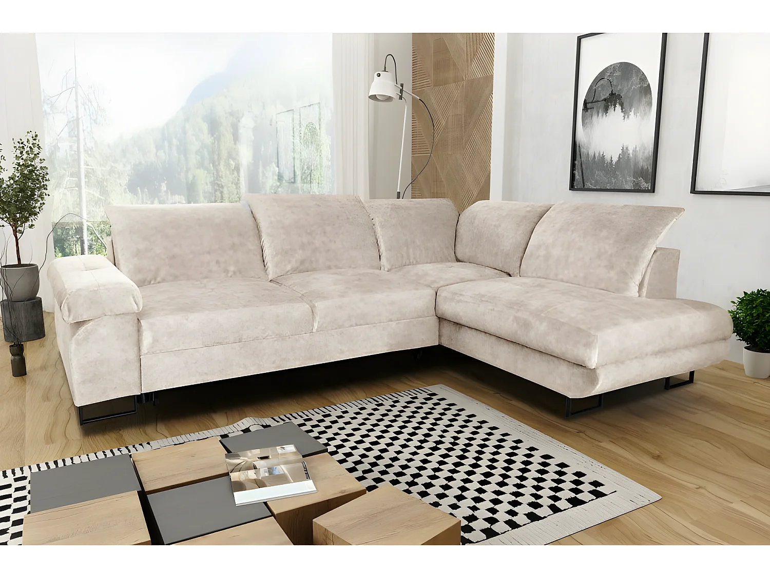 Canapé d'angle convertible WERONA têtières réglables beige angle droit