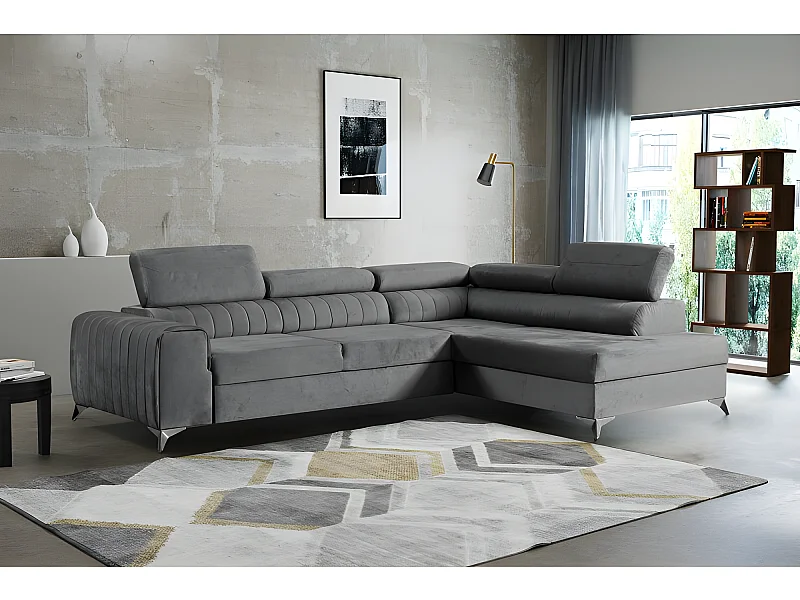 Canapé d'angle convertible RICCO avec appuie-têtes angle droit gris