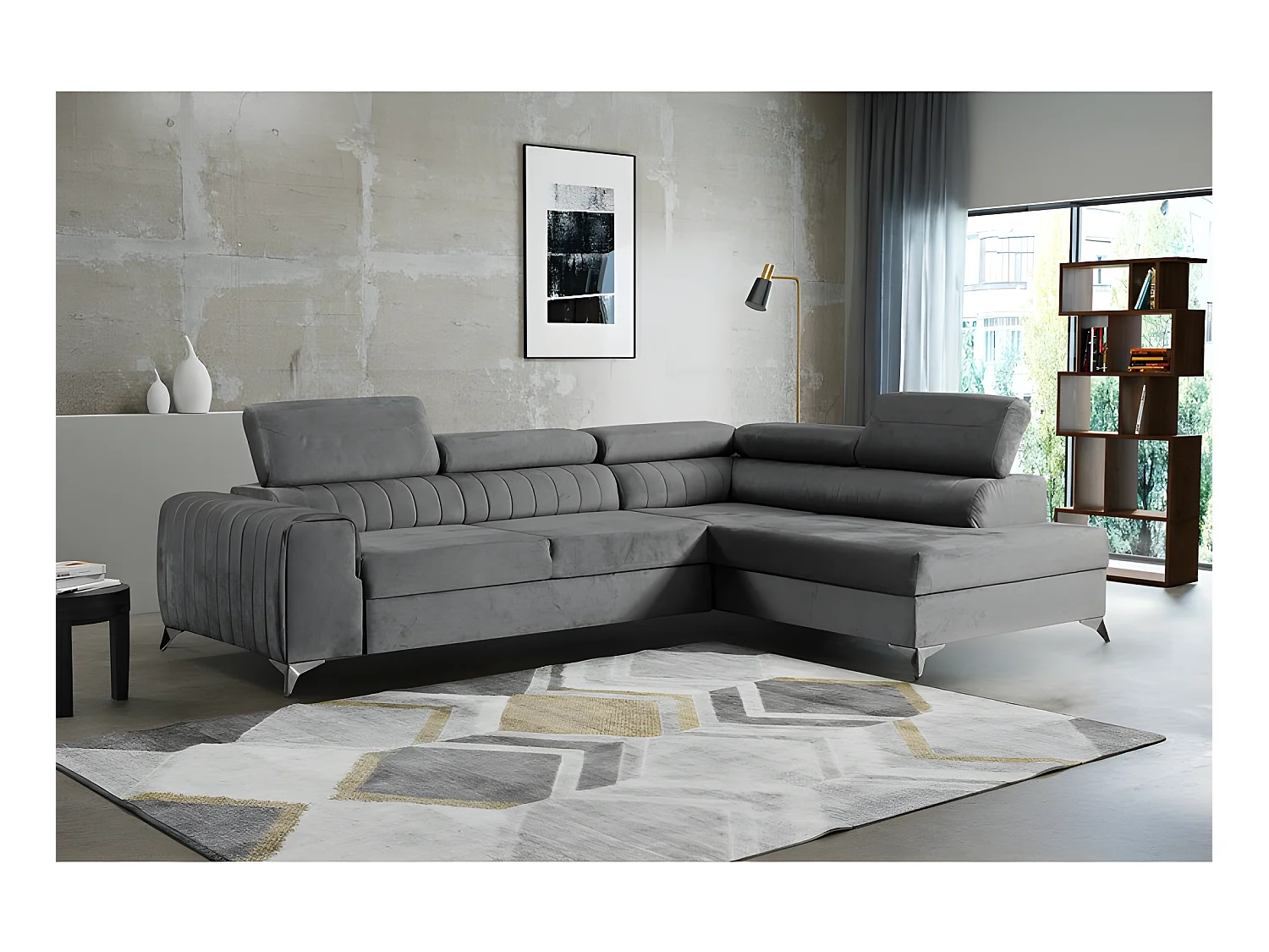 Canapé d'angle convertible RICCO avec appuie-têtes angle droit gris