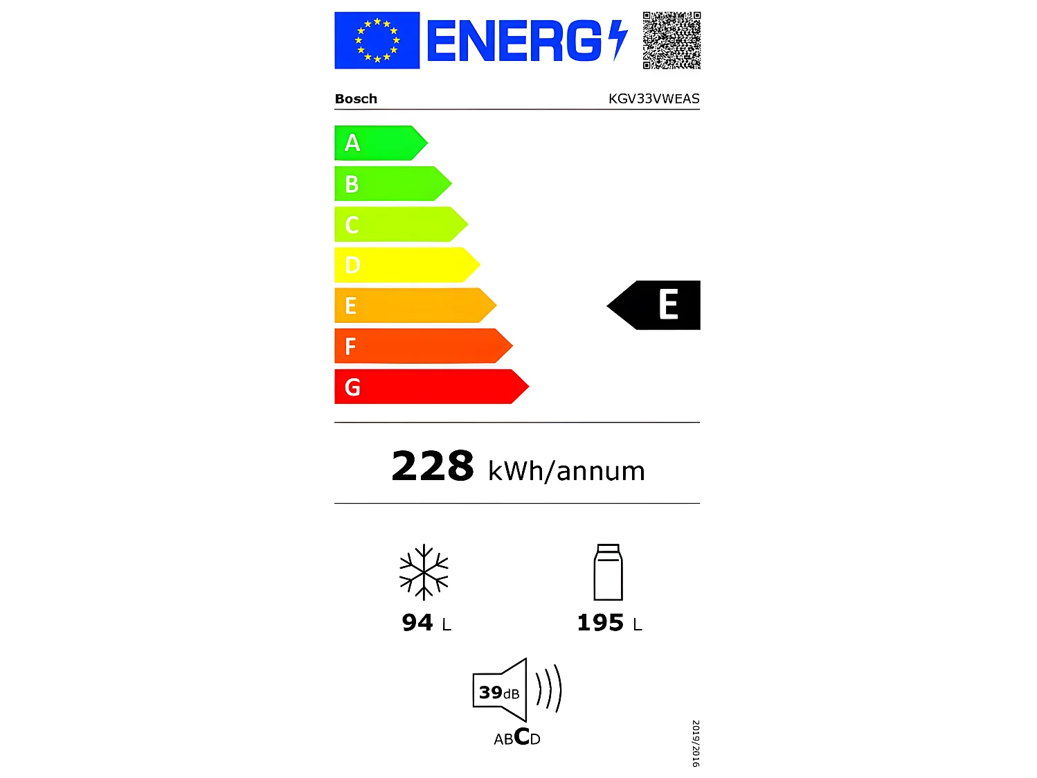 Réfrigérateurs combinés 287L Froid Brassé BOSCH 60cm E, KGV33VWEAS