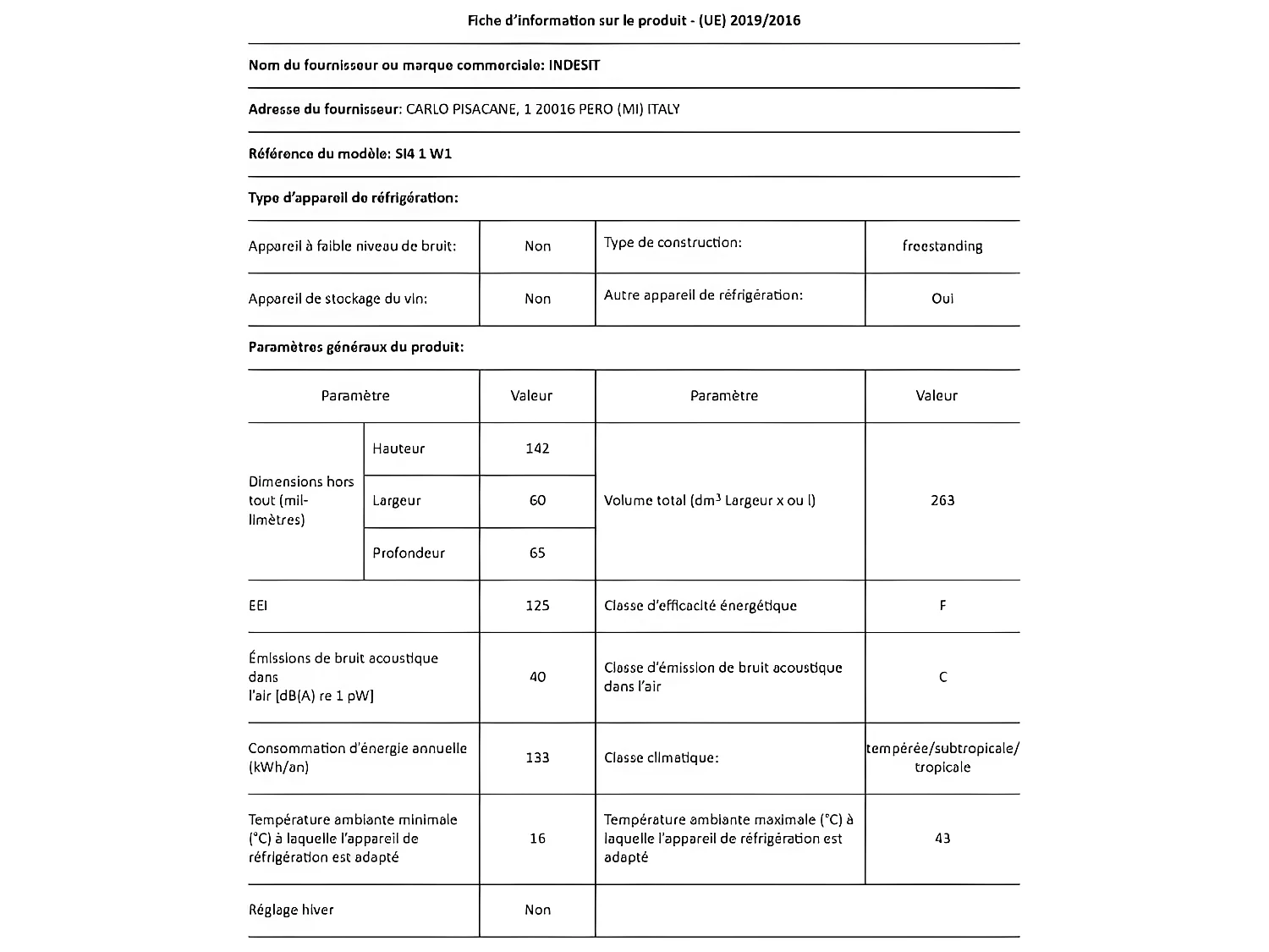 Réfrigérateurs 1 porte 263L Froid Statique INDESIT 59.5cm F, SI41W1/1
