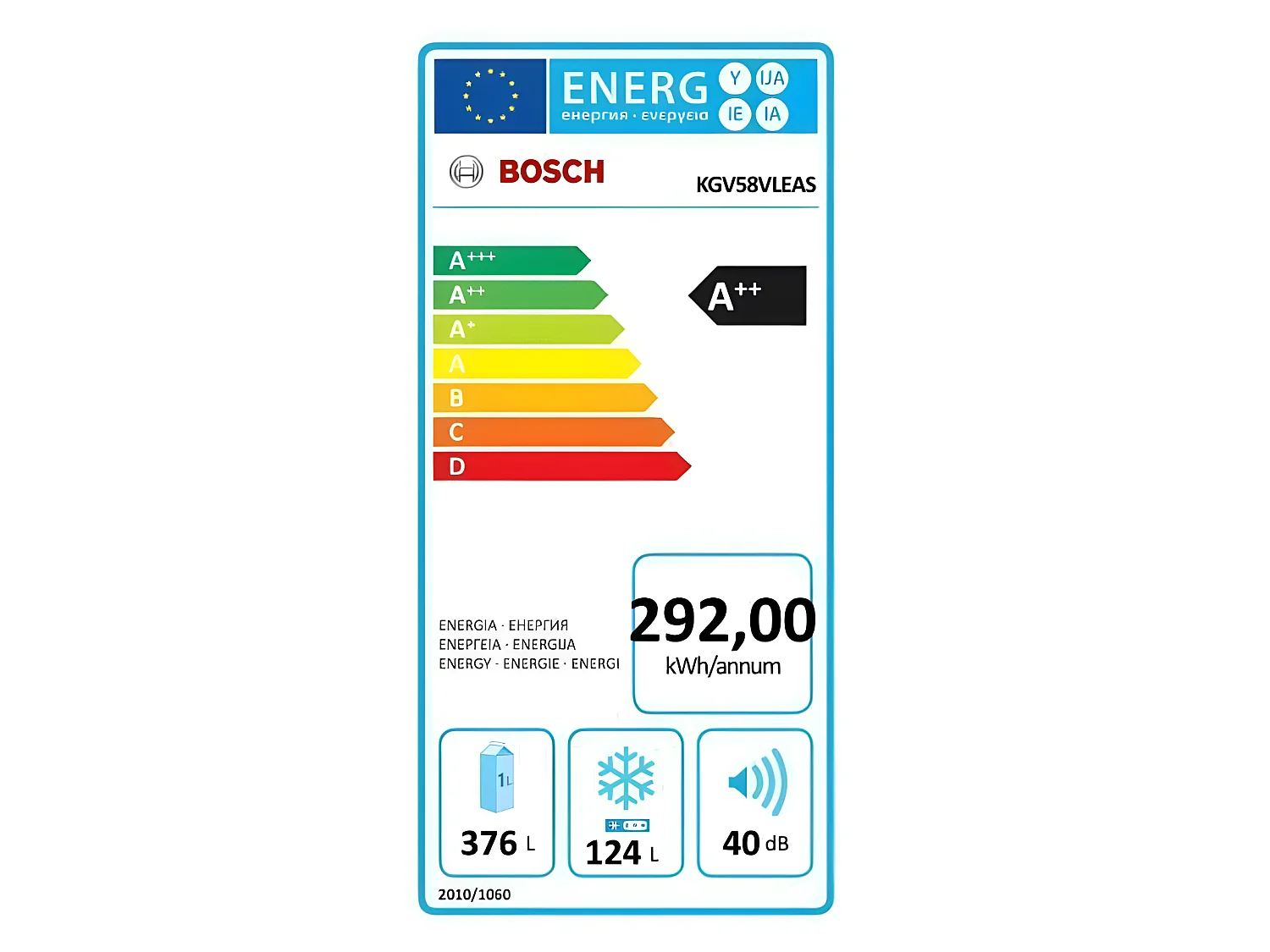Réfrigérateurs combinés 376L Froid Brassé BOSCH 70cm E, KGV58VLEAS