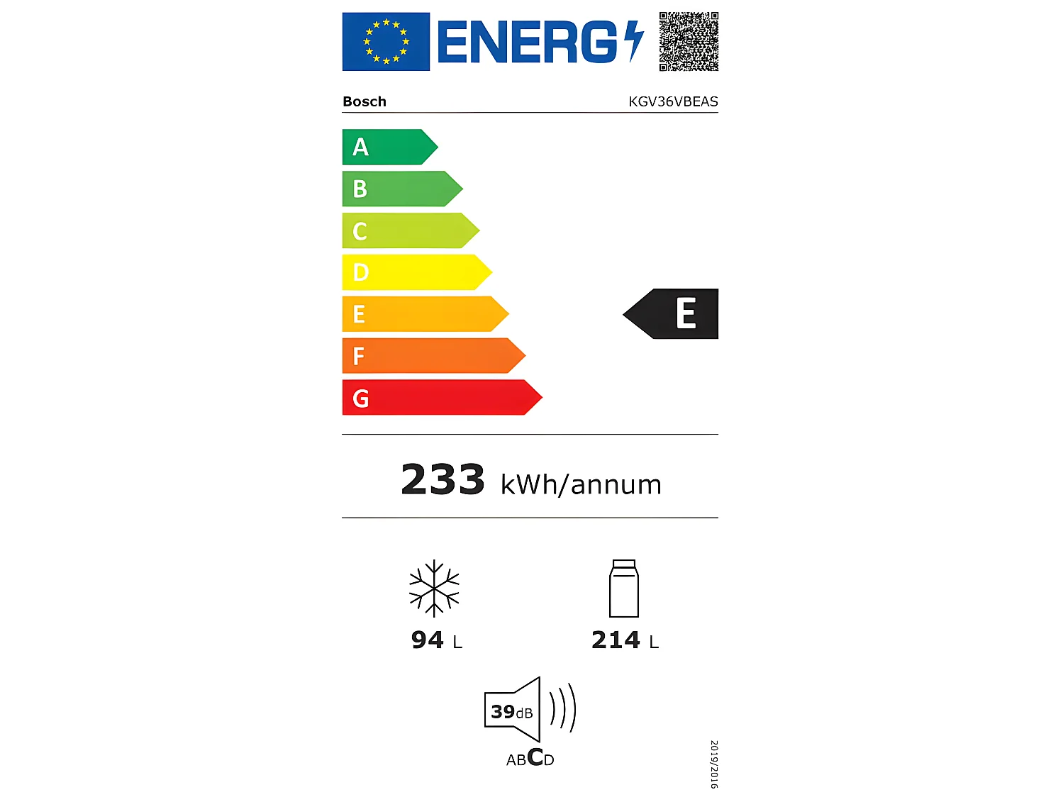Réfrigérateurs combinés 214L Froid Brassé BOSCH 60cm E, KGV36VBEAS