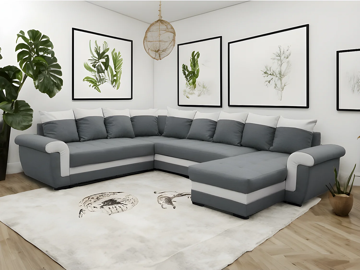 Canapé panoramique convertible LATTIA Gris et blanc