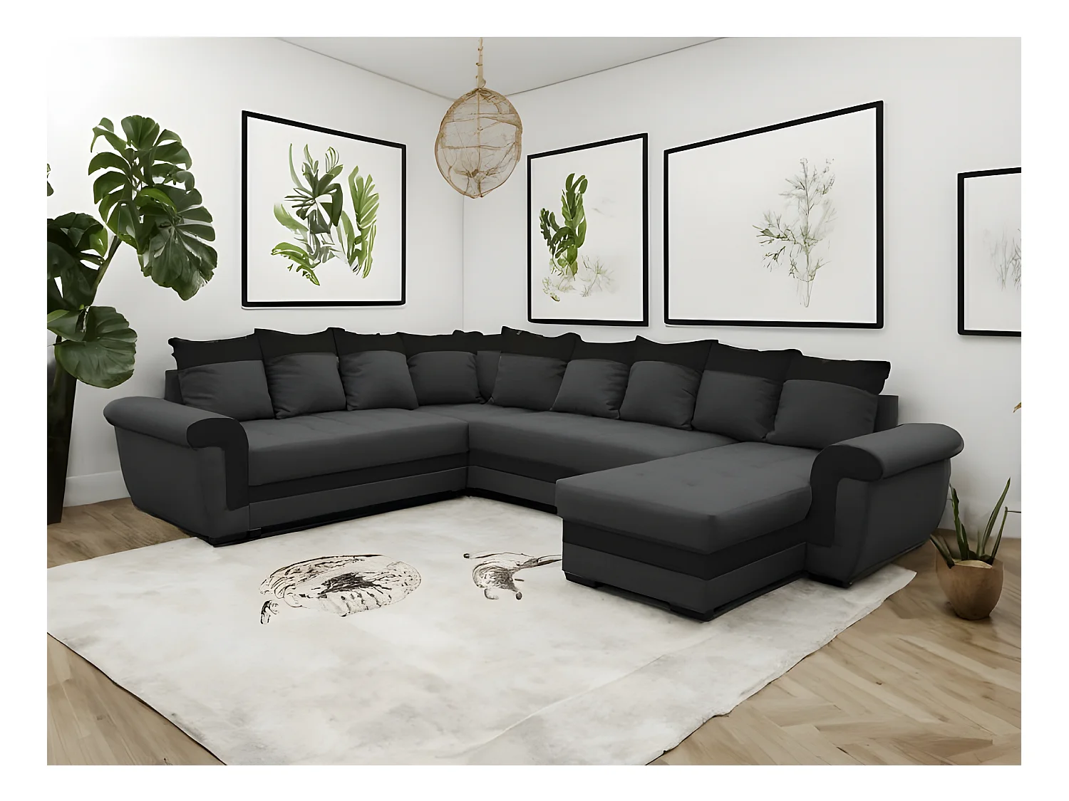 Canapé panoramique convertible LATTIA gris foncé et noir