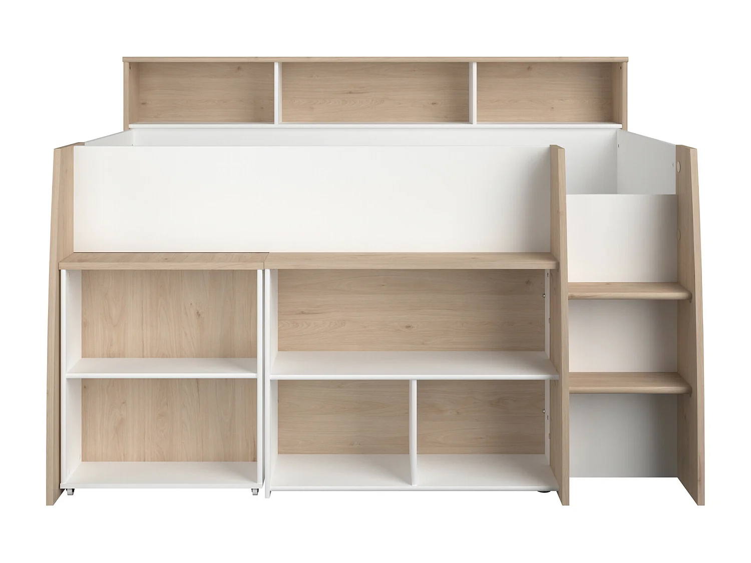 Lit combiné 90 x 200 cm avec bureau et rangements - Blanc et naturel + Matelas - APOLINO