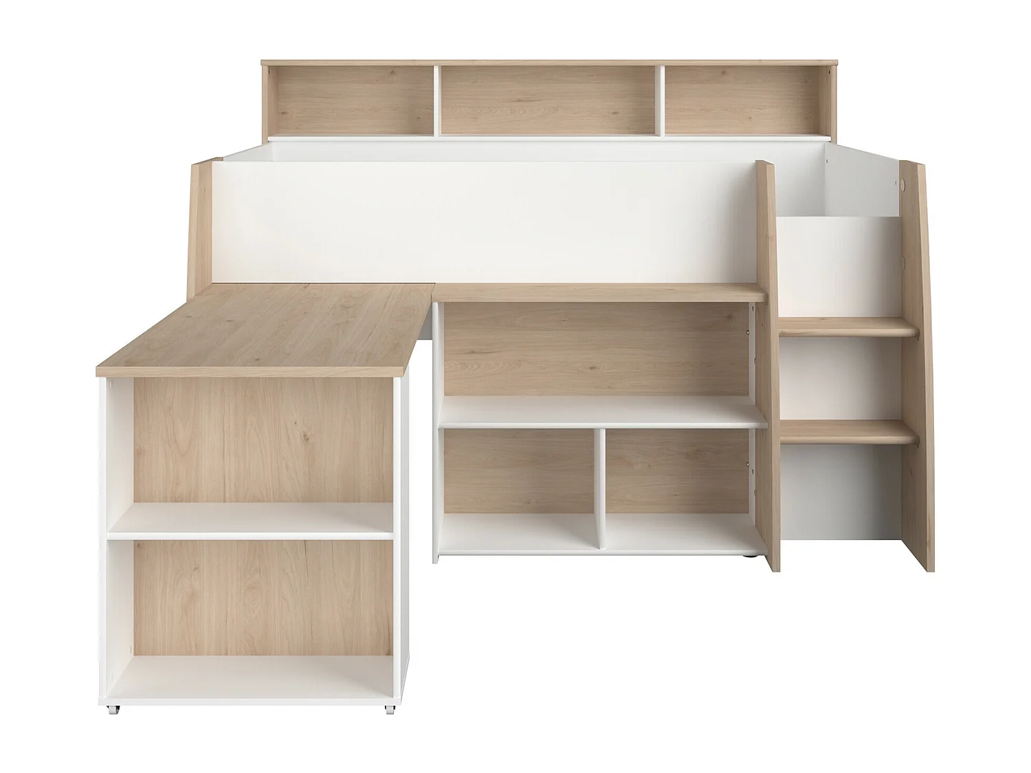 Lit combiné 90 x 200 cm avec bureau et rangements - Blanc et naturel + Matelas - APOLINO