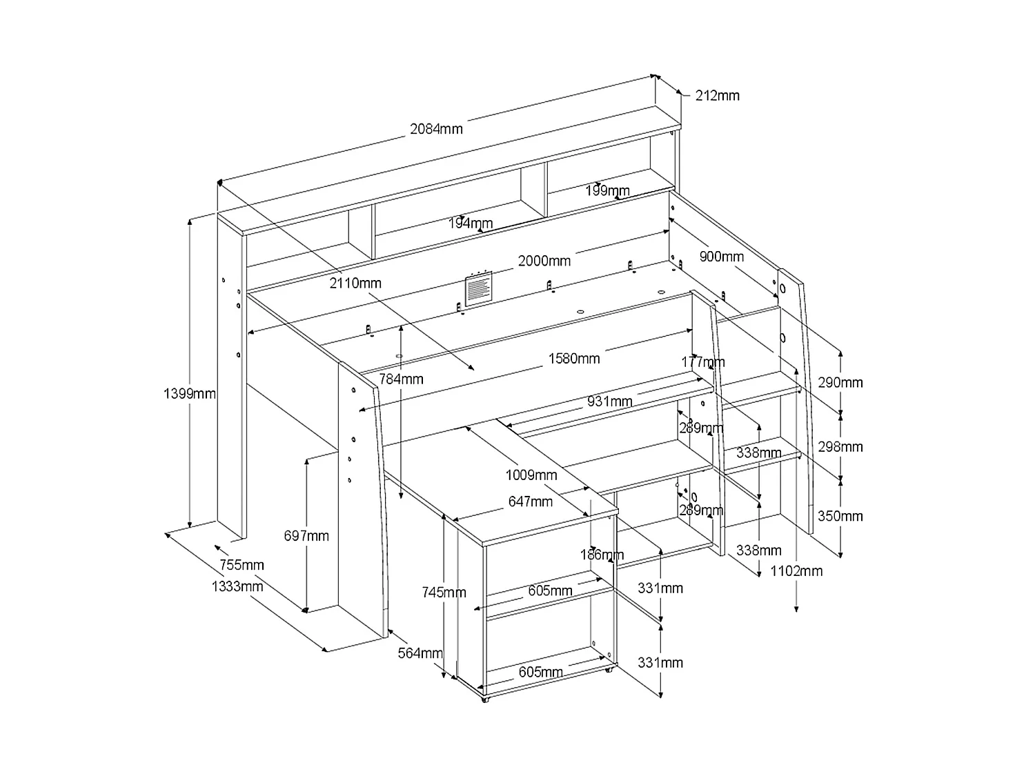 Lit combiné 90 x 200 cm avec bureau et rangements - Blanc et naturel + Matelas - APOLINO
