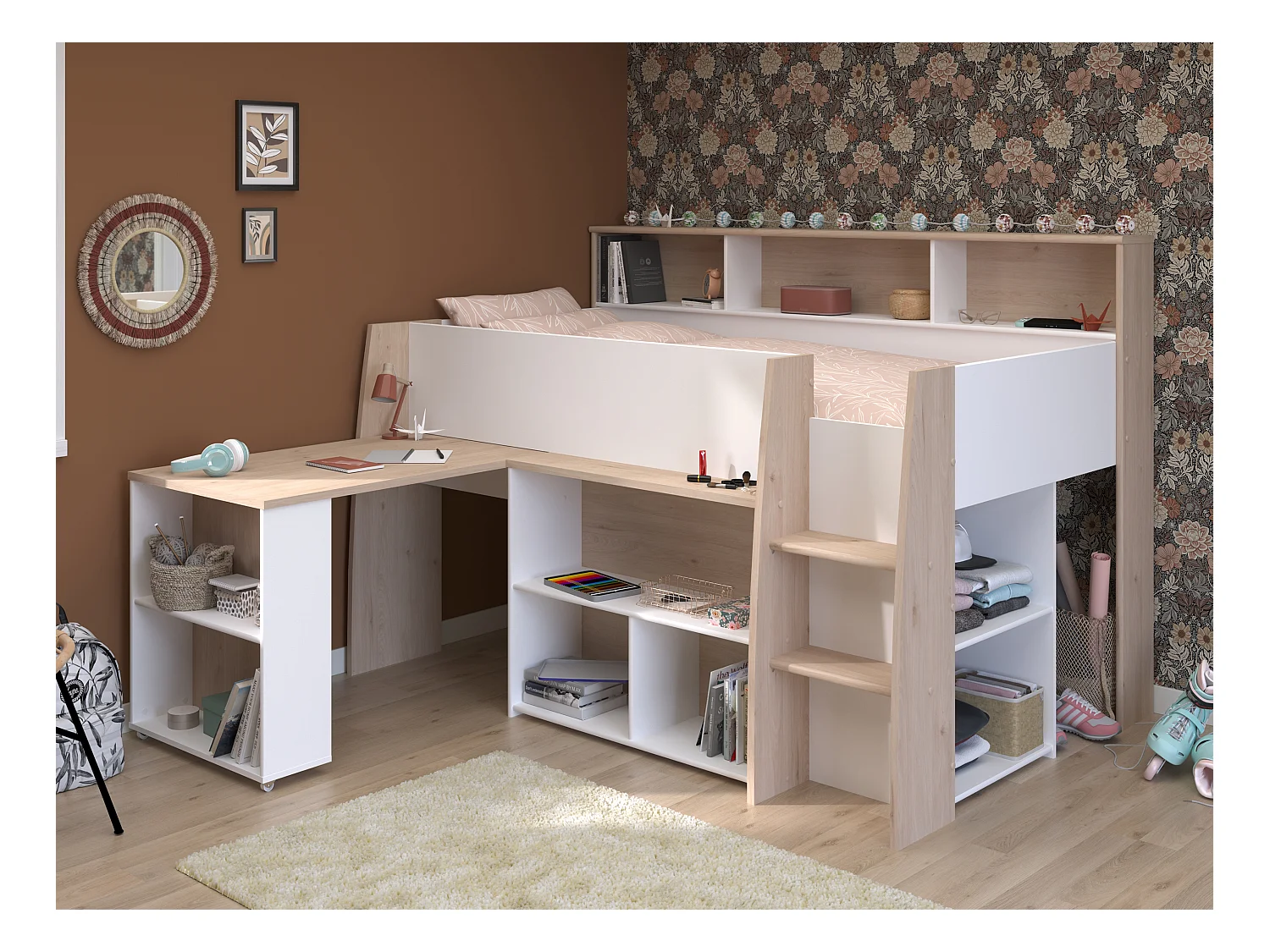Lit combiné 90 x 200 cm avec bureau et rangements - Blanc et naturel + Matelas - APOLINO