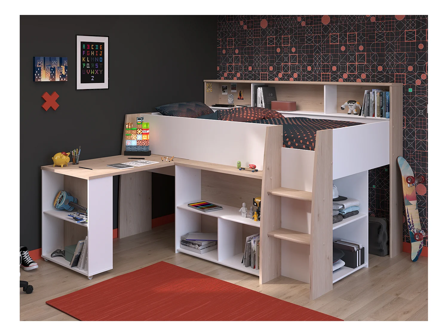 Kombibett - 90 x 200 cm - mit Schreibtisch & Stauraum - Weiß & Holzfarben + Matratze- APOLINO