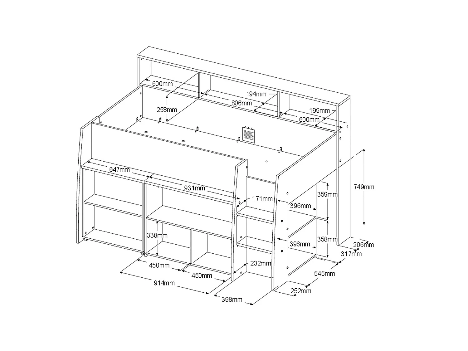 Kombibett - 90 x 200 cm - mit Schreibtisch & Stauraum - Weiß & Holzfarben + Matratze- APOLINO