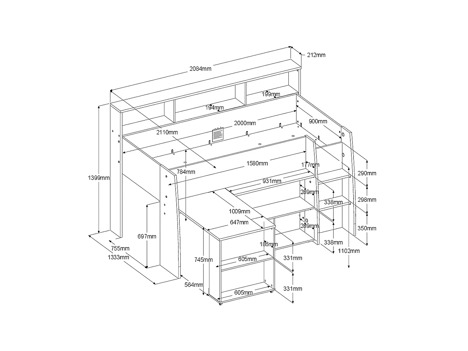 Kombibett - 90 x 200 cm - mit Schreibtisch & Stauraum - Weiß & Holzfarben + Matratze- APOLINO