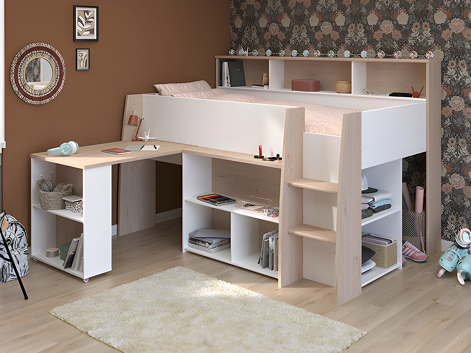 Kombibett - 90 x 200 cm - mit Schreibtisch & Stauraum - Weiß & Holzfarben + Matratze- APOLINO