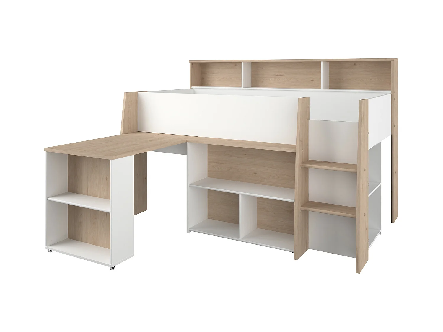 Kombibett - 90 x 200 cm - mit Schreibtisch & Stauraum - Weiß & Holzfarben + Matratze- APOLINO