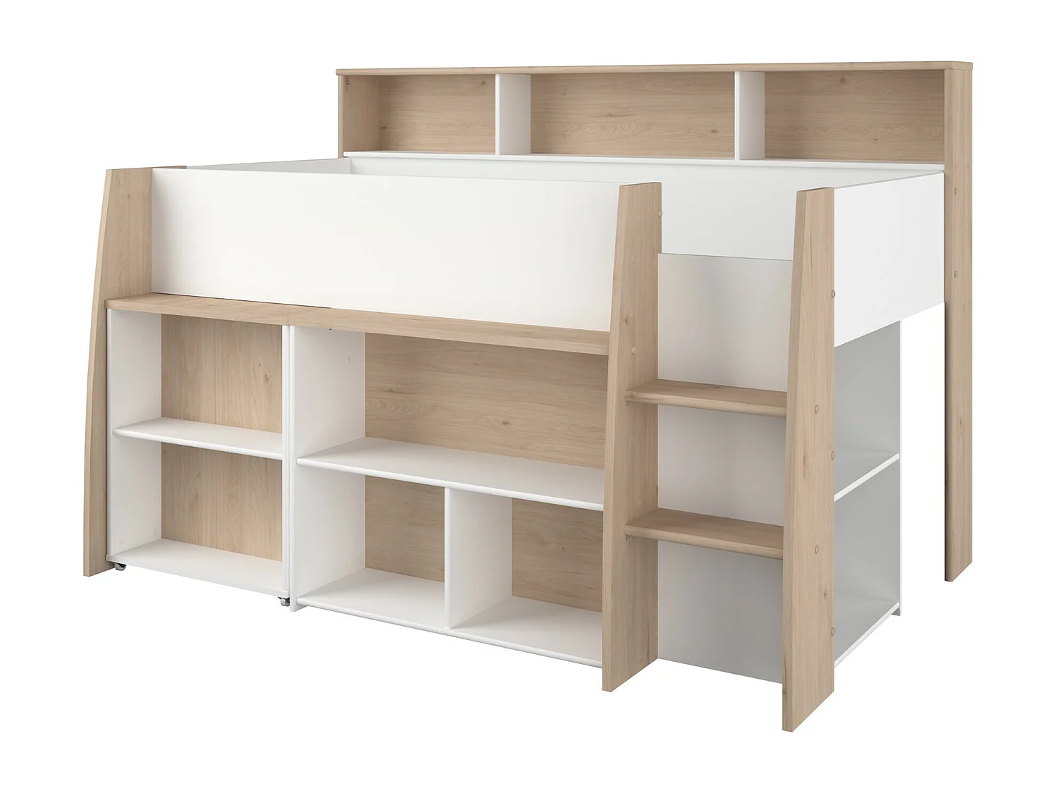 Combinatiebed – 90 x 200 cm – Met bureau en opbergruimte – Wit en houtlook – Met matras – APOLINO