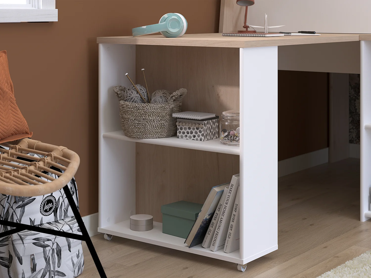 Combinatiebed – 90 x 200 cm – Met bureau en opbergruimte – Wit en houtlook – Met matras – APOLINO