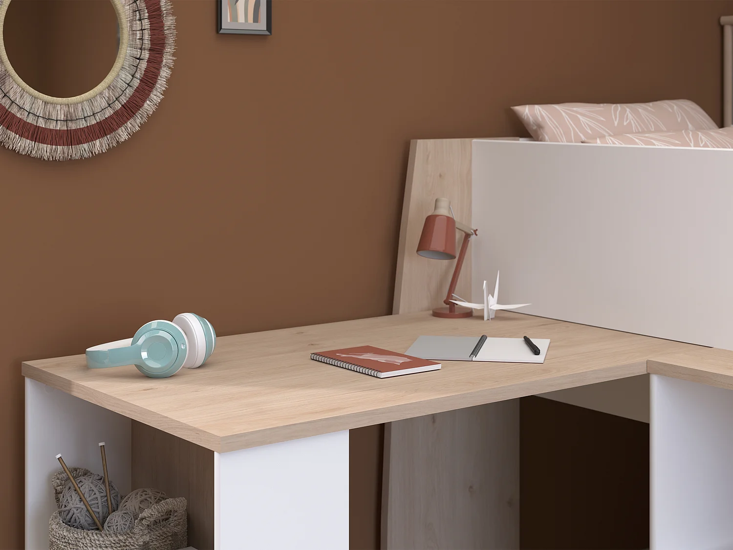 Combinatiebed – 90 x 200 cm – Met bureau en opbergruimte – Wit en houtlook – Met matras – APOLINO