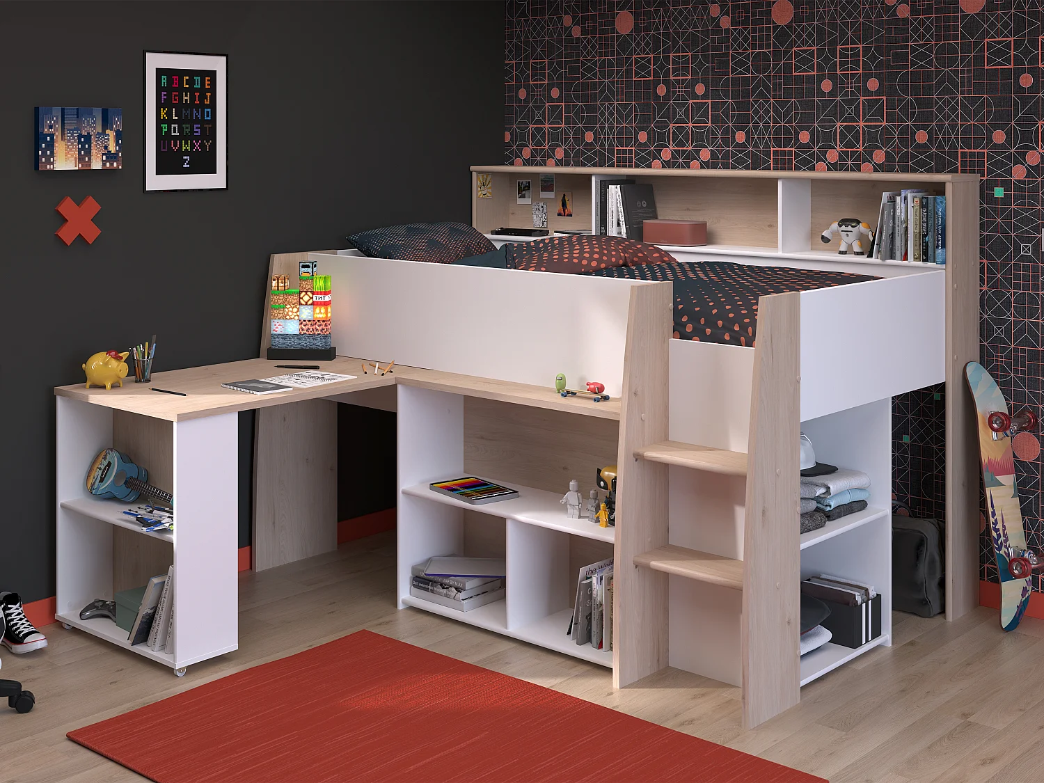 Combinatiebed – 90 x 200 cm – Met bureau en opbergruimte – Wit en houtlook – Met matras – APOLINO