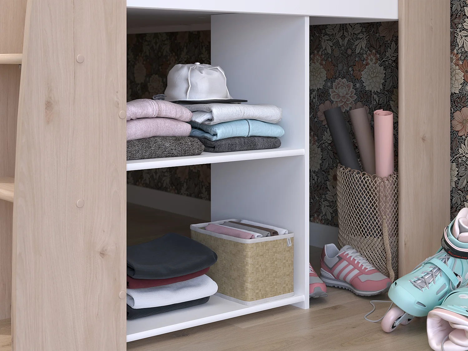 Combinatiebed – 90 x 200 cm – Met bureau en opbergruimte – Wit en houtlook – Met matras – APOLINO