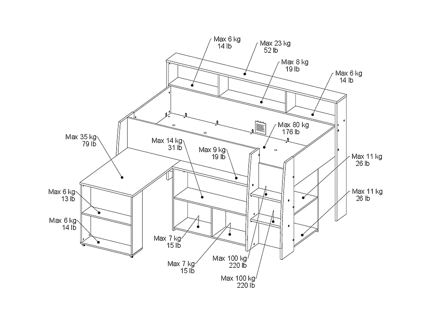 Combinatiebed – 90 x 200 cm – Met bureau en opbergruimte – Wit en houtlook – Met matras – APOLINO
