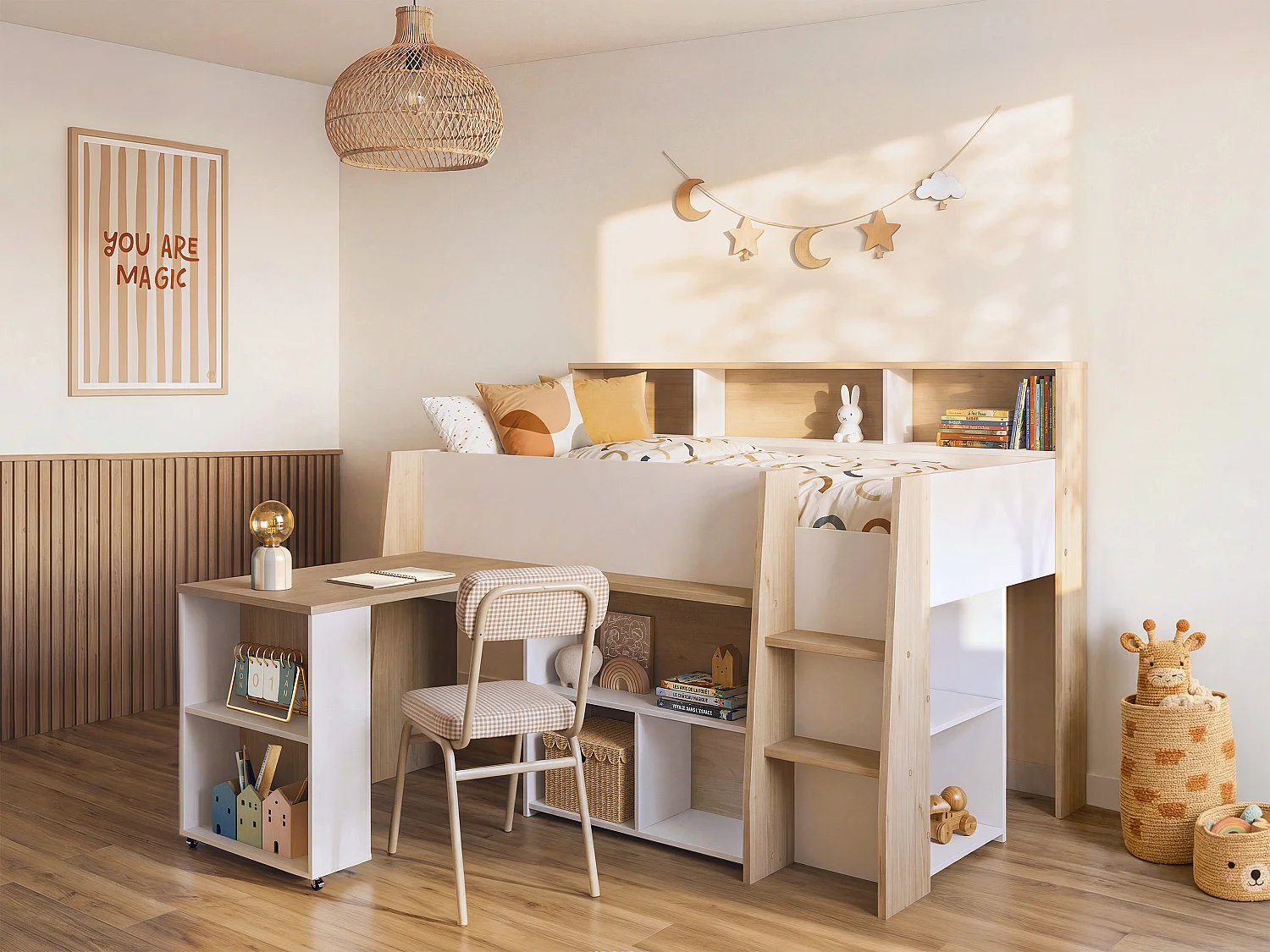 Lit combiné 90 x 200 cm avec bureau et rangements - Blanc et naturel + Matelas - APOLINO
