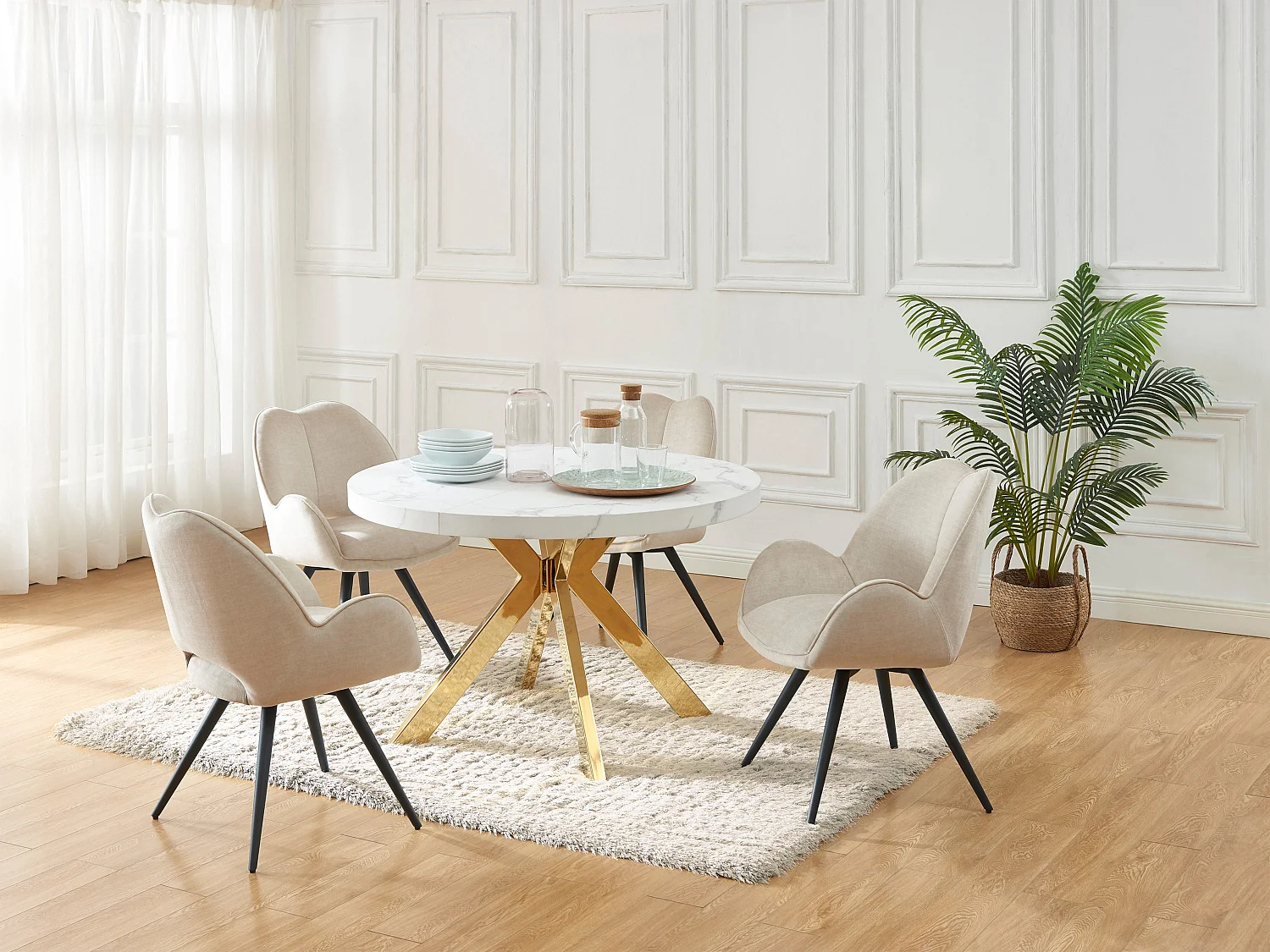 Table à manger extensible 4 à 8 personnes en MDF et acier - Effet marbre blanc et Doré - KOMONI