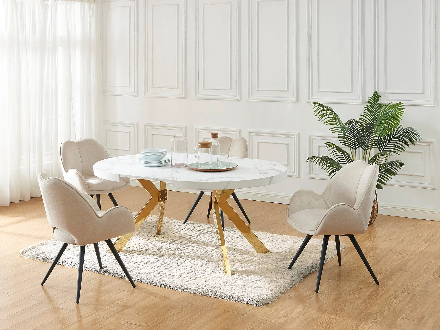 Mesa extensible de comedor para 4 a 8 personas de MDF y acero - Efecto mármol blanco y Dorado - KOMONI