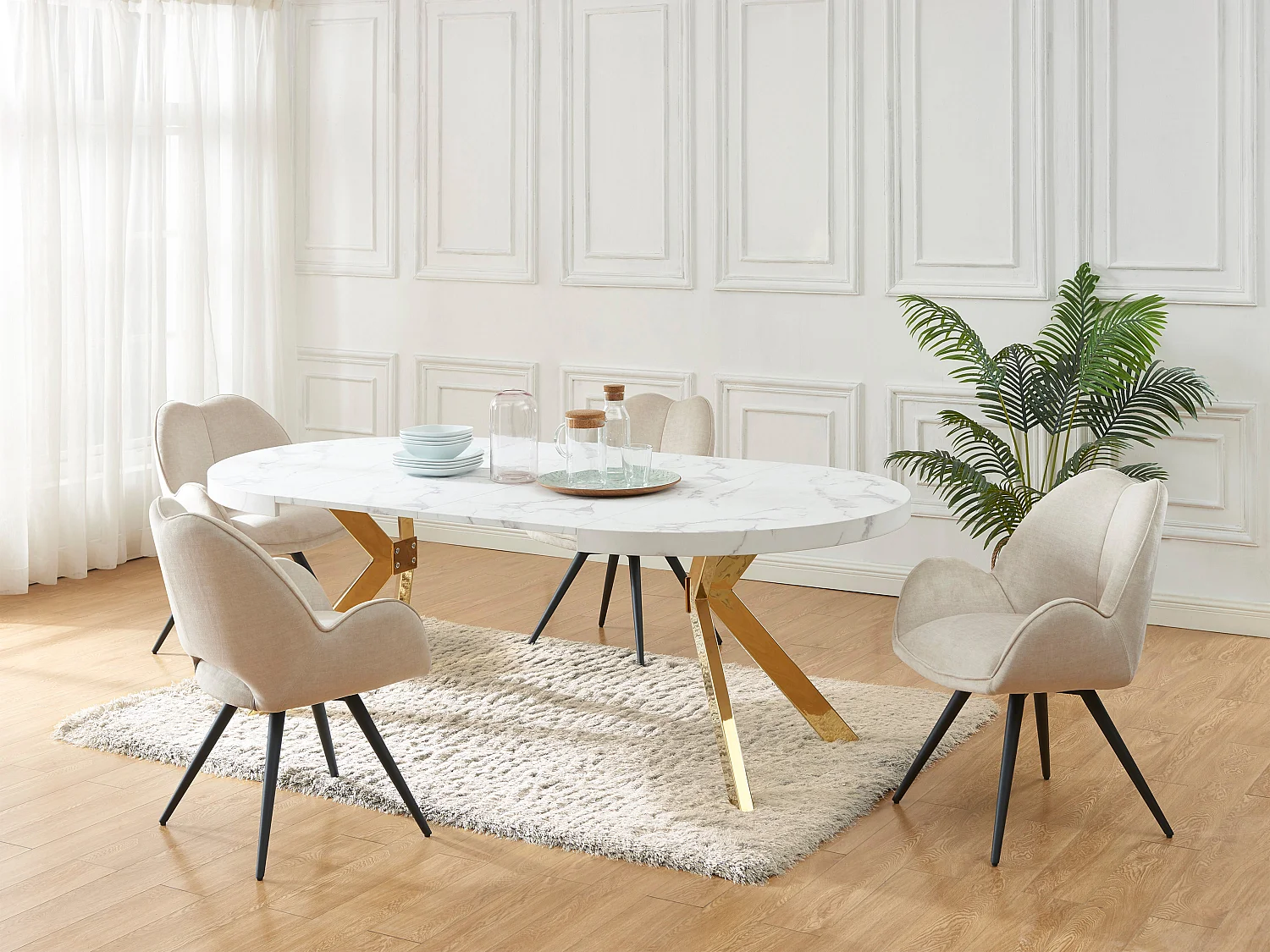 Mesa extensible de comedor para 4 a 8 personas de MDF y acero - Efecto mármol blanco y Dorado - KOMONI