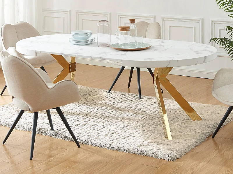 Table à manger extensible 4 à 8 personnes en MDF et acier - Effet marbre blanc et Doré - KOMONI