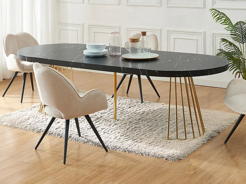Table à manger extensible 2 à 12 personnes en MDF et acier - Effet marbre noir et Doré - FIRELA