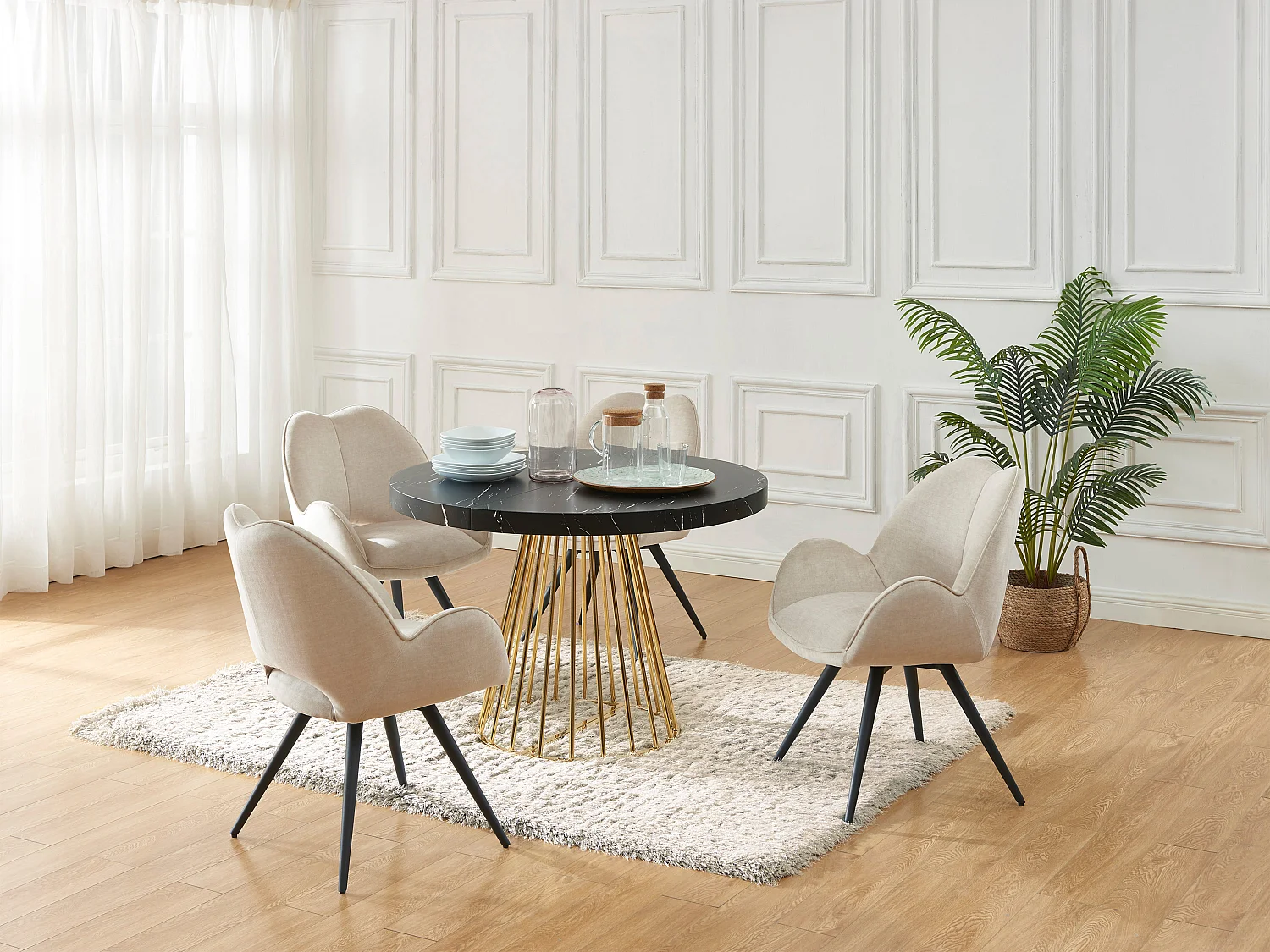 Table à manger extensible 2 à 12 personnes en MDF et acier - Effet marbre noir et Doré - FIRELA