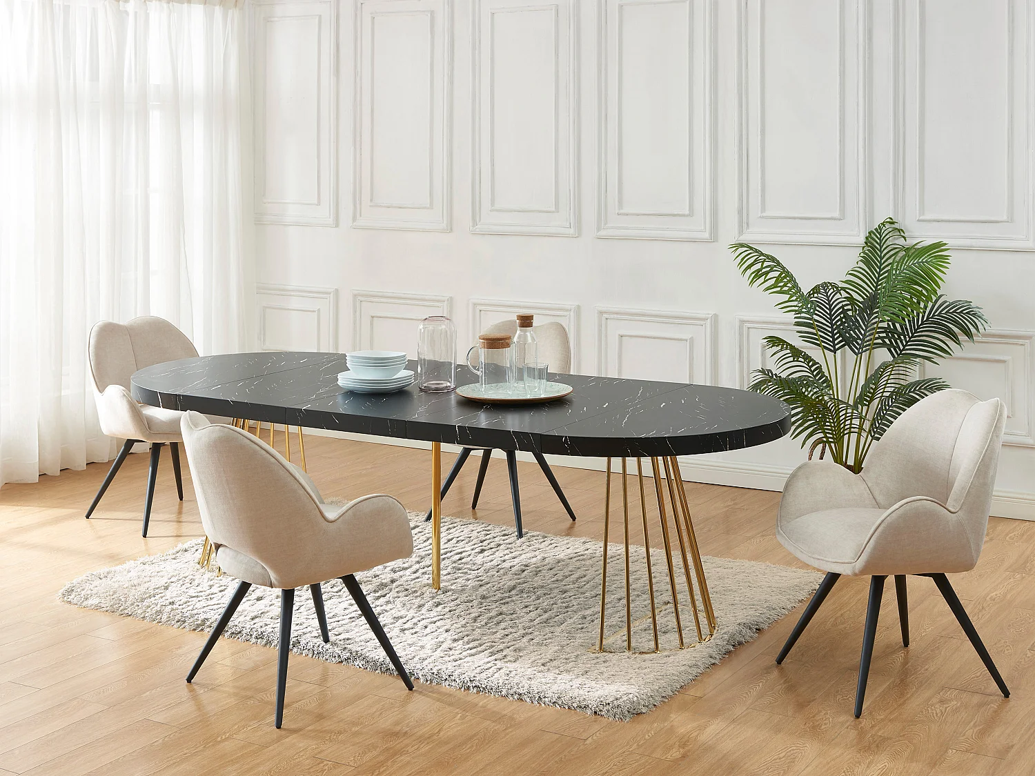 Mesa de jantar extensível 2 a 12 lugares em MDF e aço, efeito mármore preto e dourado - FIRELA